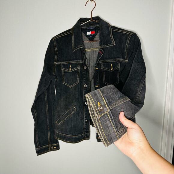 Vintage Tommy Hilfiger Black Button Front Pockets Denim Jacket Size Large - Picture 9 of 9